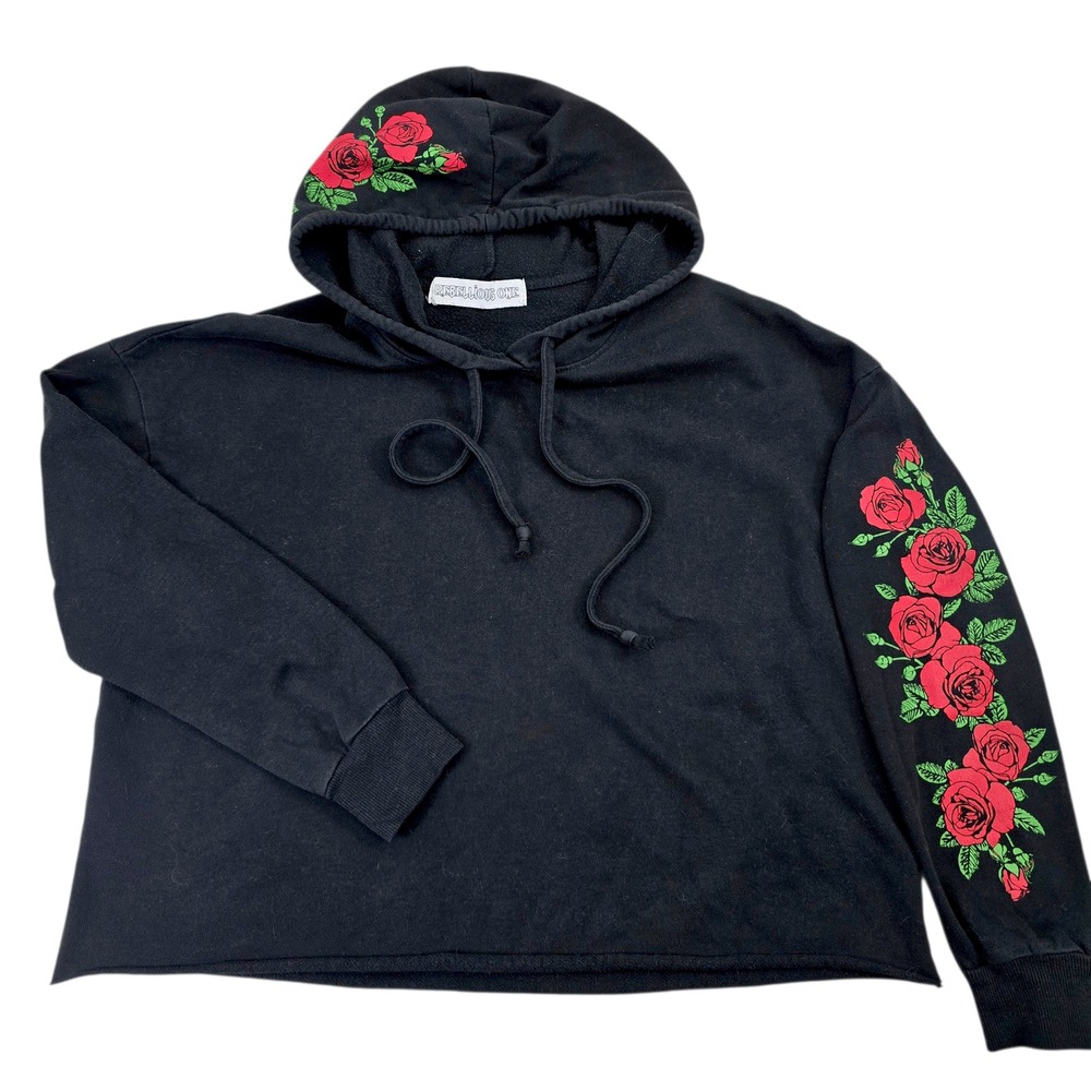 Rebellious One Womens Black Rose Floral Graphic Cropped Hoodie Sweatshirt L - Picture 8 of 9